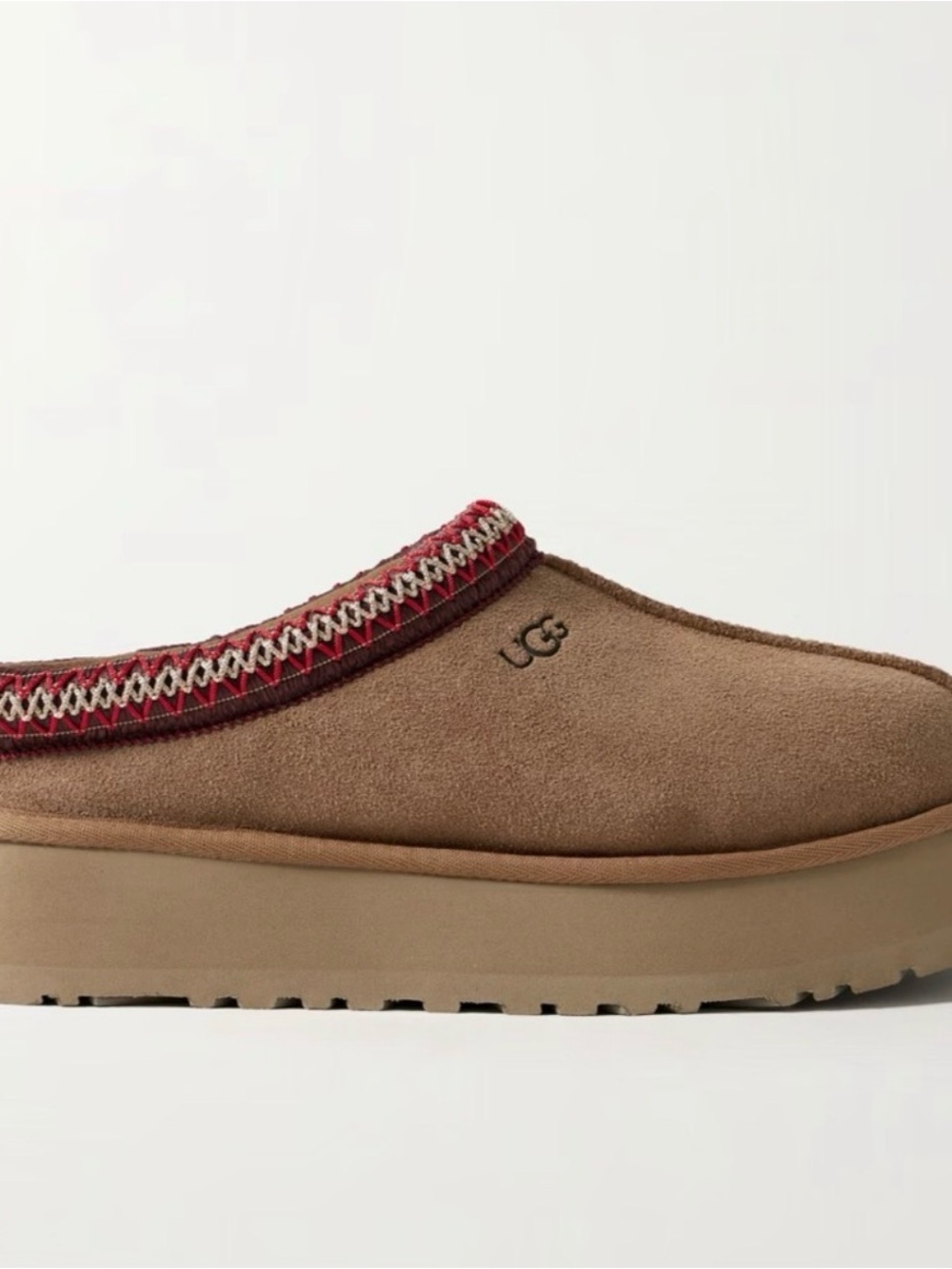 UGG Women's Brown Suede Platform Mule with Red Trim Detail